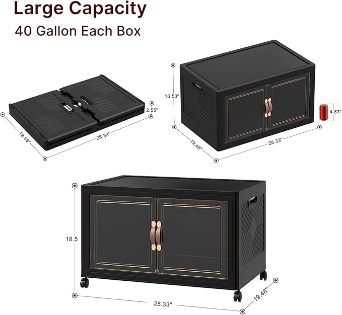 Stackable Storage Bins with Lids, Collapsible Storage Boxes, Foldable Plastic Storage Drawers for Bedroom,Office, Dorm (1, Black, XL)
