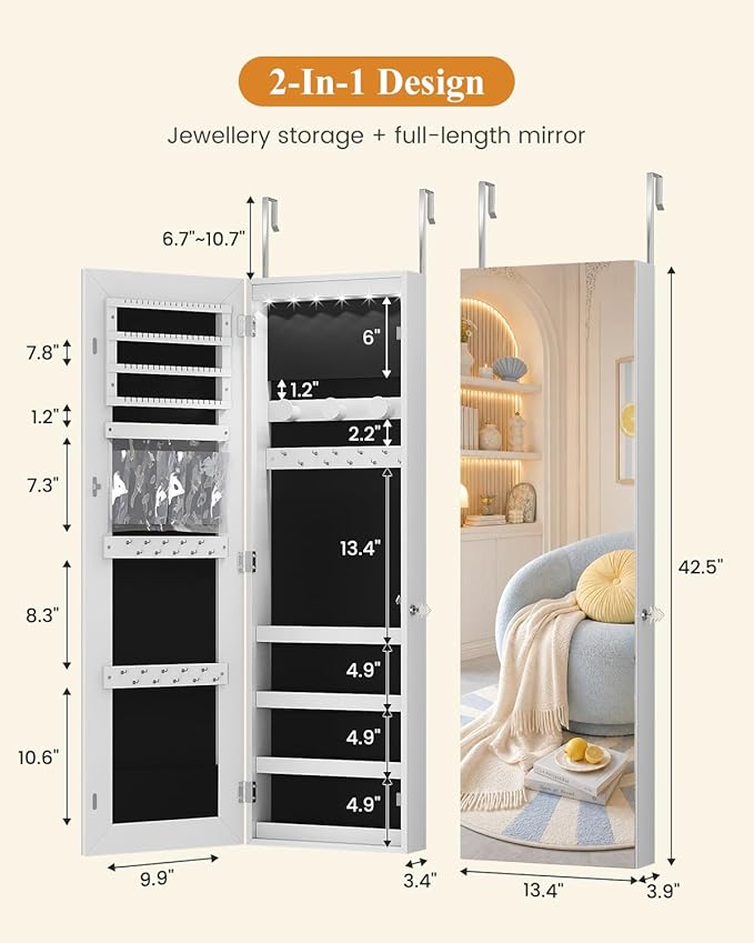 Wall Door Mounted Jewelry Cabinet 6 LED Jewelry Mirror Storage Organizer | Over the Door Jewelry Armoire Organizer, Lockable Full Length Mirror Hanging Jewelry Storage for Women (White-pro)