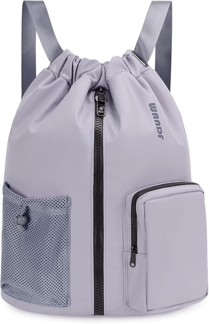 WANDF Drawstring Backpack with Shoe Compartment, Sports Gym Bag | Multi-Pocket Storage, Water-Resistant Fabric, Cinch String Bag