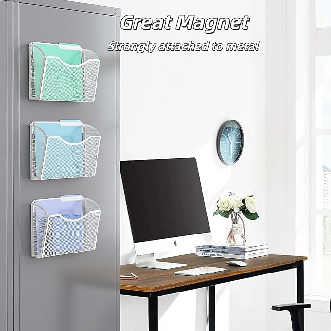 MINDEPOT Magnetic Wall File Holder - Metal Mesh Wall File Organizer with Powerful Magnet Single Pocket Wall Folder Holder for Office File Cabinet Whiteboard, No Assembly Required, Space Saver, White