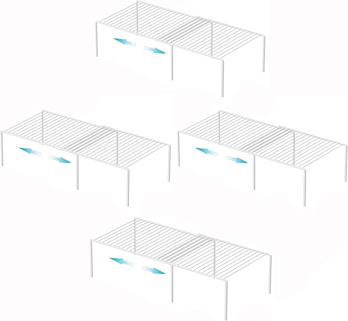 iPEGTOP Freezer Cabinet Storage Shelf Set of 4, 8 Pieces Expandable Metal Rustproof Spice Rack, Adjustable Kitchen Organizer Counter Fridge Pantry Shelf Space Saver (White)