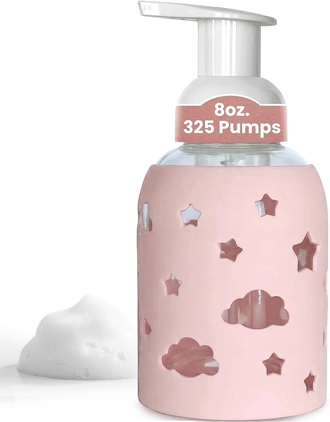 SoCal Suds & Company Foaming Hand Soap Dispenser Glass, Liquid Soap Pump with Cloud & Star Sleeve, Refillable Bottle for Kids, Baby Wash & Shampoo, Ideal for Bathroom & Kitchen Use, Light Pink, 8oz