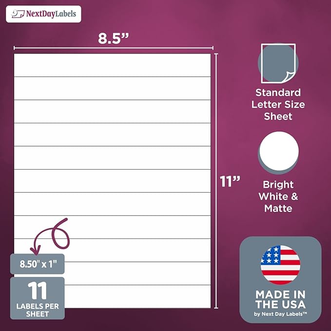 NextDayLabels 8.5x1 Inch Strip Stickers White Blank Labels for Laser Inkjet Printer - 11 Per Sheet Self-Adhesive Unique Size Label Made in USA - 550 Labels