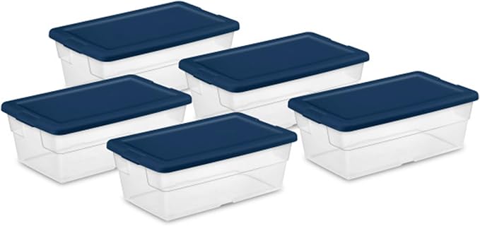 Sterilite Set of 5 Storage Boxes, Clear Plastic Stackable Containers, Lightweight Home Organizers with Snap Lids, 6 Quart, Marine Blue