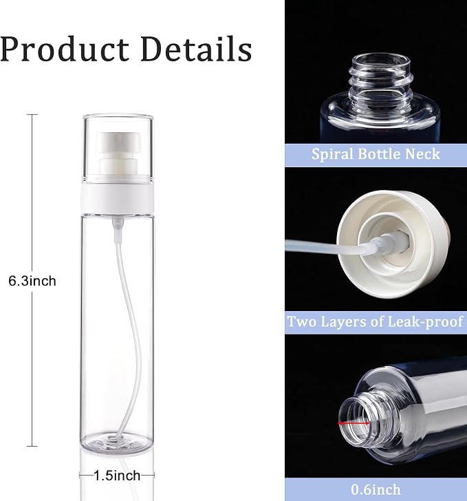 Cosywell Fine Mist Spray Bottles TSA Approved 3.4oz/100ml 3 Pack Leak Proof Travel Size Bottles Refillable Plastic Hair Spray Bottle for Perfume Skincare Toners Water Cosmetics (3Clear)