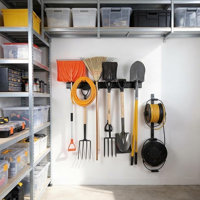 Aking Ace 96-Inch Heavy Duty Wall Mount Garden Tool Organizer for Garage | Adjustable hangers perfect for shovels, rakes, and Garage Tools, Heavy-duty rack holds 700lbs. Ideal for shed organization