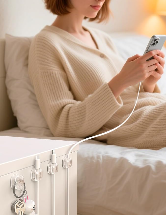 Cable Clips,12Pack Cord Holder Cord Organizer [1s Lock & Strongest Adhesive] Spring Cord Clips Phone Charger Wire Desk Cable Management Nightstand Home Office School Decor Women Desk,Transparent Clear