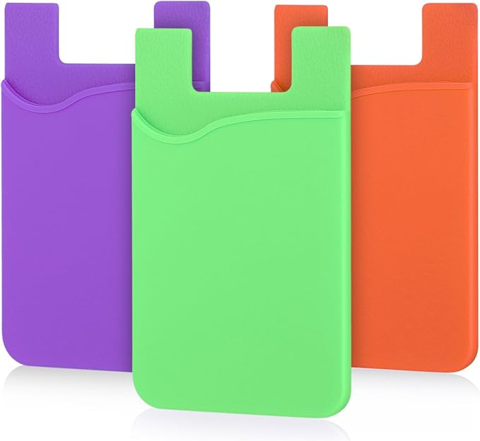 3Pack Cell Phone Card Holder Pocket for Back of Phone,Silicone Stick on Wallet Credit Card ID Case Sleeve Self Adhesive Sticker for iPhone 15 14 13 12 Pro Max,iPad,Samsung Galaxy-Purple,Green,Orange