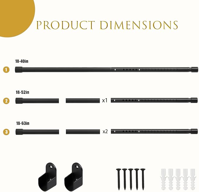EKETE Oval Closet Rod for Hanging Clothes,18 to 63 Inch Adjustable Closet Rods Black Metal Closet Rods,Heavy Duty Closet Hanging Rod Expandable for Closet, Wardrobes, Bathroom, Laundry