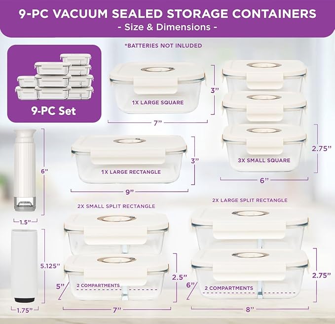 HOLDN’ STORAGE Vacuum Food Storage Containers, Set of 9 Glass Containers with Electronic & Manual Pump - Keep Food Fresh Longer, BPA-Free Glass, Leak-Proof, Ideal for Meal Prep, Marinating