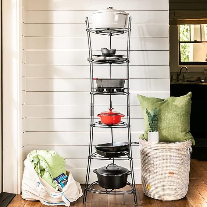Lodge Cookware Storage Tower - 6-Tier - Multi-Tier Storage Rack for Cookware & Accessories - Space-Saving Organizer for Cast Iron, Lids & Kitchen Essentials - Matte Black