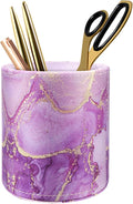 Large Capacity Colored Pen Holder for Desk, Leather Pencil Holder Pen Cup Marker Holder Makeup Brush Holders, Desk Accessories & Workspace Organizers for Home, Office, Purple Marble