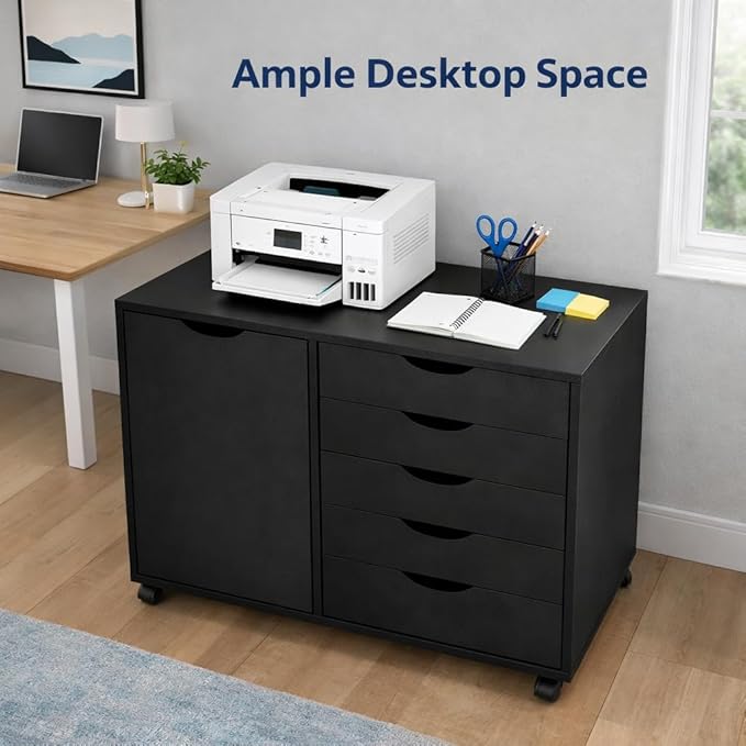 Naomi Home Wooden 5 Drawer Office File Cabinet with Shelves and Wheels, Mobile Storage Cabinet with Drawers for Home Office, Ideal for Under Desk or Printer Stand Use in Black