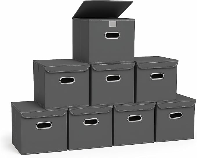 Closet Organizers Fabric Storage Bins With Lids Collapsible Cube Storage Organizer Basket With Handles,Storage Boxes for Clothes Storage,Office,Laundry,Shelves,8 Pack,（Grey）