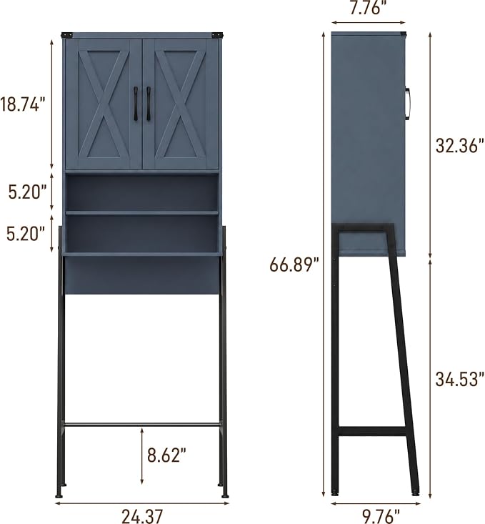 Vabches Over The Toilet Storage Cabinet, Farmhouse Over Toilet Storage Cabinet, Metal Frame with 2 Barn Doors, Home Space-Saving Toilet Rack for Bathroom, Toilet, Laundry Room.Blue