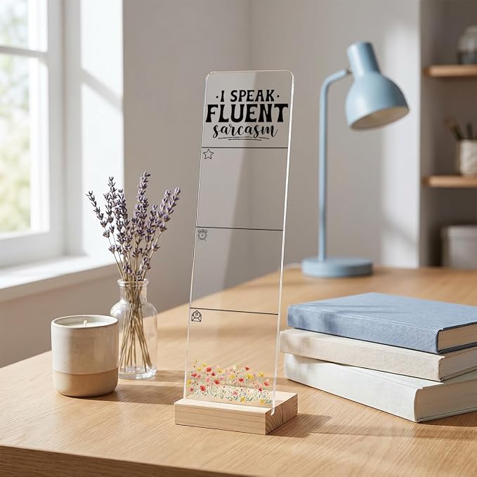 Sticky Note Holder, Monitor Memo Board, Acrylic Post It Note Holder with Wooden Base, Includes 200 Notes, Desk Organizer Fluent Sarcasm Quote