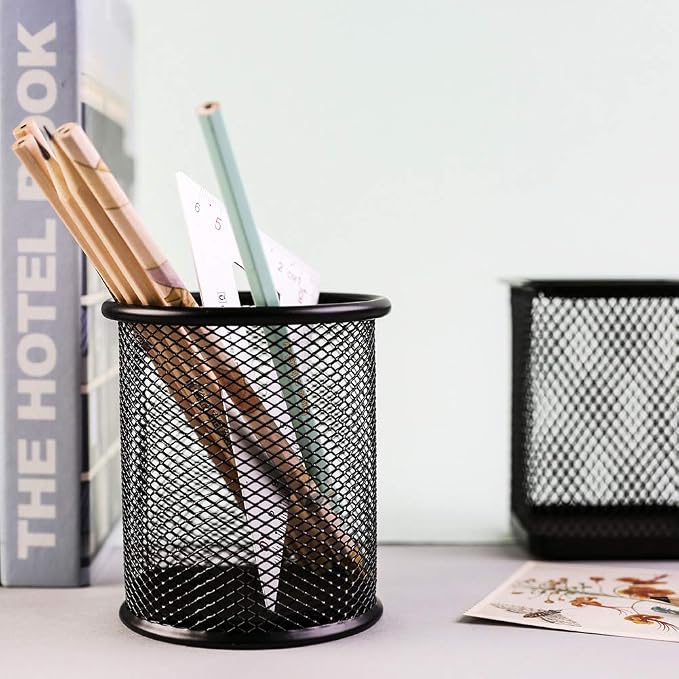 Ameceres 4 Packs Wire Mesh Pencil Holder Metal Pen Cup Desk Pen Organizer Case Pencil Jar Black for Office Home (DeepPink)