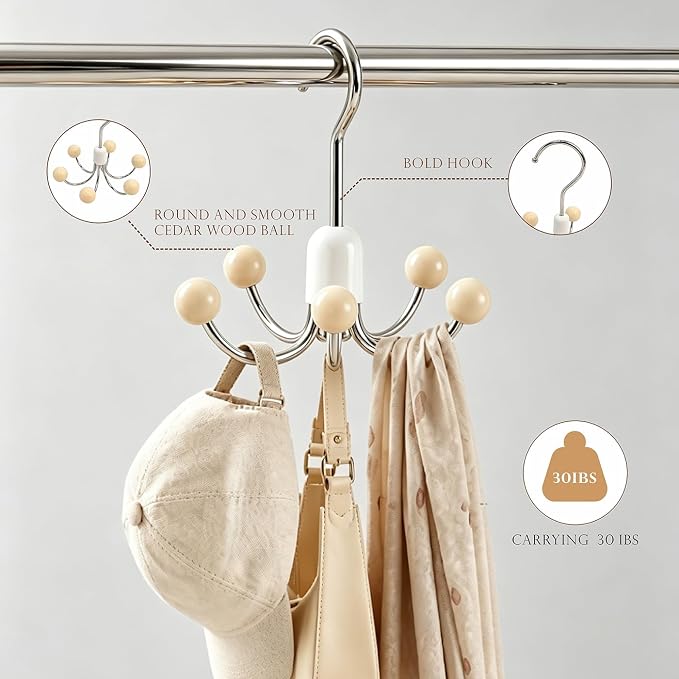 360° Swivel Hoodie Hangers with 6 Cedar Balls, Closet Organiser for Bras, Scarves, Belts, Purses & Accessories Storage-Apricot (2 Pack)