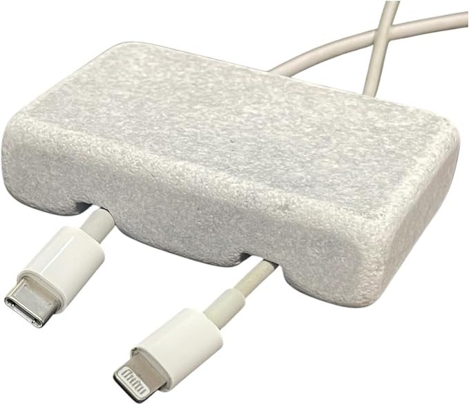 Cord Holder – Tumbled Marble Cable Tidy, Double | Handmade tumbled white marble cord holder keeps charging cables tidy on your desk. Weighted, non-slip. Double slot.