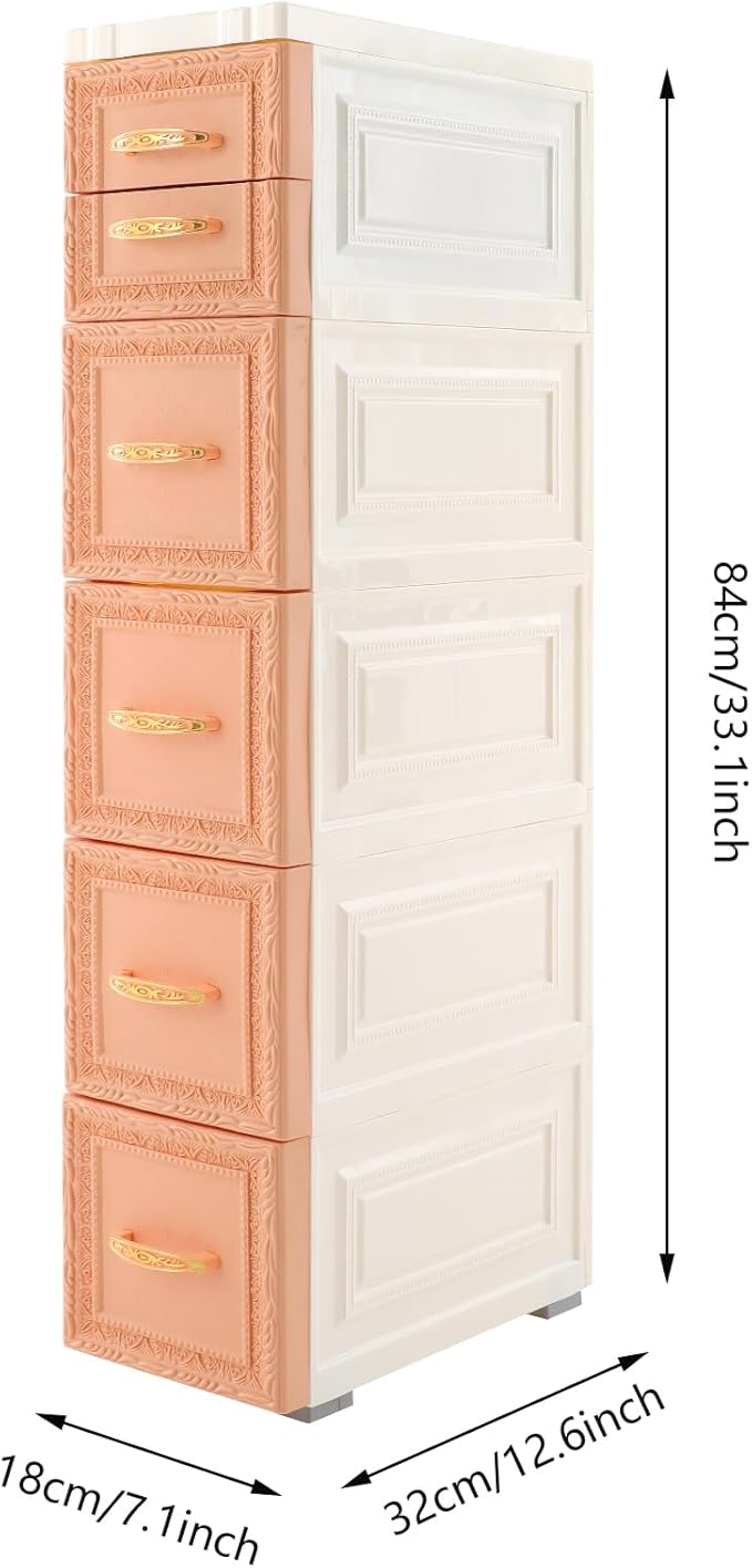 Storage Cabinet, 6 Drawers Narrow Plastic Organizer Cabinet with Wheels, Vertical Drawer Storage Unit, Mobile Slim Utility Furniture for Office, Living Room, Bedroom, Garage (Khaki)