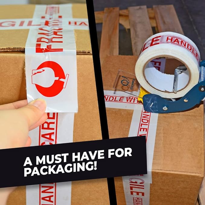 WOD CST2FW Fragile Tape Handle with Care Packing Tape 2 in. x 110 yds. Heavy Duty Carton Sealing Tape Red Lettering for Fragile Cargo and Box Office Moving Shipping, 6 Pack