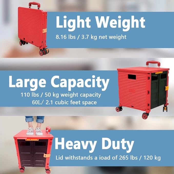 Quick Utility Cart Four -Rotate Wheeled Collapsible Handcart with Durable Heavy Duty Plastic Telescoping Handle for Travel Shopping Moving Luggage Office Use