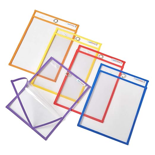 hand2mind Reusable Clear-Vu Dry Erase Pockets for Students, Dry Erase Office Supplies, Teacher Supplies for Classroom, School Supplies, Classroom Supplies (Pack of 5)