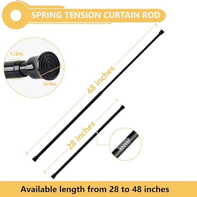 KXLife Spring Tension Rods for Windows Adjustable 28-48", 2Pcs, Black | No Drilling, Tool-Free Spring Fit, Non-Slip Ends, Ideal for Shower, Kitchen, Wardrobe, Doorway
