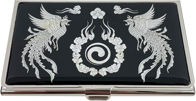 Mother of Pearl Business Card Case Credit Id Name Holder Travel Wallet Art Painting Design Metal Stainless Steel Engraved Slim Purse Pocket Cash Money Wallet (Phoenix)