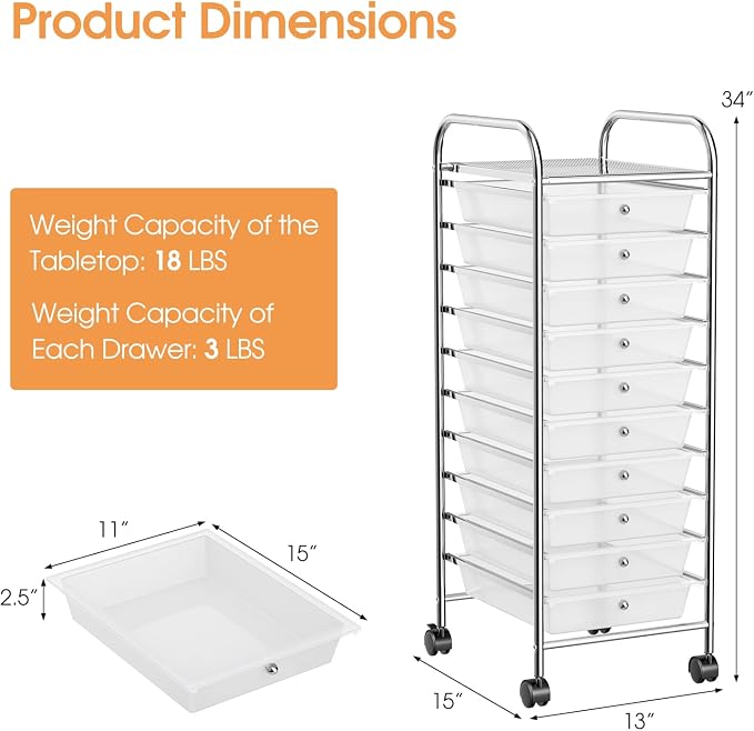 DREAMADE Rolling Cart with 10 Storage Drawers, Utility Cart with Removable Plastic Drawers, Lockable Wheels, Art Cart for Classroom Organization Art Supplies Office Scrapbook Tool Craft (Transparent)