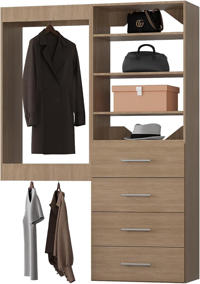Modular Closet Organizer, 55" Wide Tower with Drawers, Wood, Wall Mounted for Walk In Closets