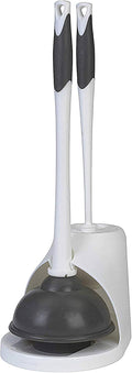 Clorox Toilet Plunger and Brush Bowl Set with Holder Caddy Storage for Cleaning Bathroom and Unclogging Toilets, White and Gray