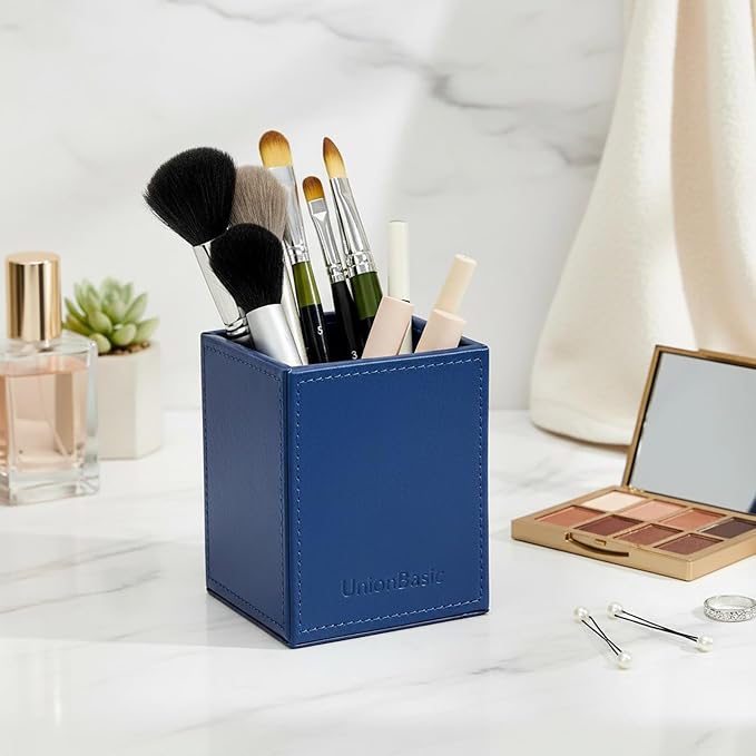 UnionBasic Square Pen Holder, Leather Pencil Cup, Desktop Caddy Stationery Organizer, True Blue