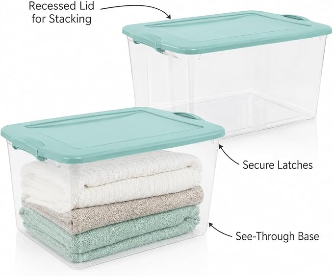 66 Quart Clear Plastic Storage Container with Latch Lid, Mint, 6 Pack | Clear Base & Lid, Secure Mint Latches, Recessed Stacking, 66Qt Capacity, BPA-Free Plastic