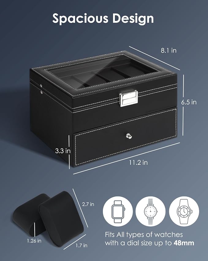 Kukikan Watch Case, 20-Slot 2-Layer Watch Box with Large Glass Lid, Watch Storage Organizer with Removable Watch Pillows, Men's Jewelry Box with Lock, Watch Holder Display Case, Fathers Day Gift