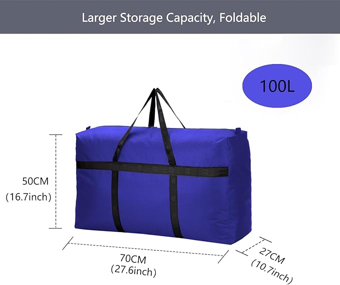100L Extra Large Moving Bags with Strong Zippers & Carrying Handles, Storage Bags Storage Totes for Clothes, Moving Supplies, Space Saving Storage Bag Organizer for Moving, Traveling (Blue-M)