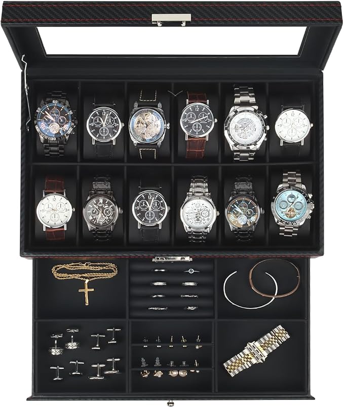 Kukikan Watch Box Jewelry Organizer, 12-Slot 2-Layer Watch Case Storage with Large Glass Lid, Watch Storage Case with Lock, Watch Holder Display Case, Fathers Day Gift for Dad