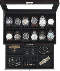 Kukikan Watch Box Jewelry Organizer, 12-Slot 2-Layer Watch Case Storage with Large Glass Lid, Watch Storage Case with Lock, Watch Holder Display Case, Fathers Day Gift for Dad