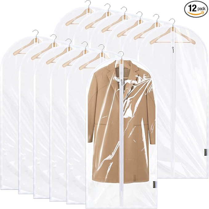 BALEINE 48'' Clear Garment Bags, 12 Packs PEVA Dress Bag for Closet Clothes Dresses Suit Coats Storage (Clear, 12PK)