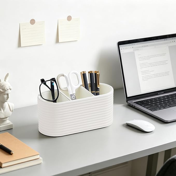 PU Leather Remote Control Holder, Modern Oval Pen Holder for Desk, 3-Compartment Desk Caddy for Remotes, Glasses, Pens, Small Desk Organizer for Nightstand, Coffee Table, Office (Ivory)