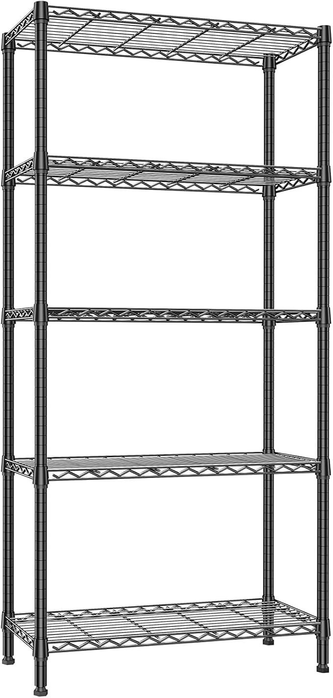 5-Tier Shelving Unit, Black Wire Storage Shelves for Kitchen and Garage | 15.7" D x 33.5" W x 68.5" H, 1250 Lbs Wire Rack Shelving, Adjustable Storage Rack for Laundry Room and Garage Organization