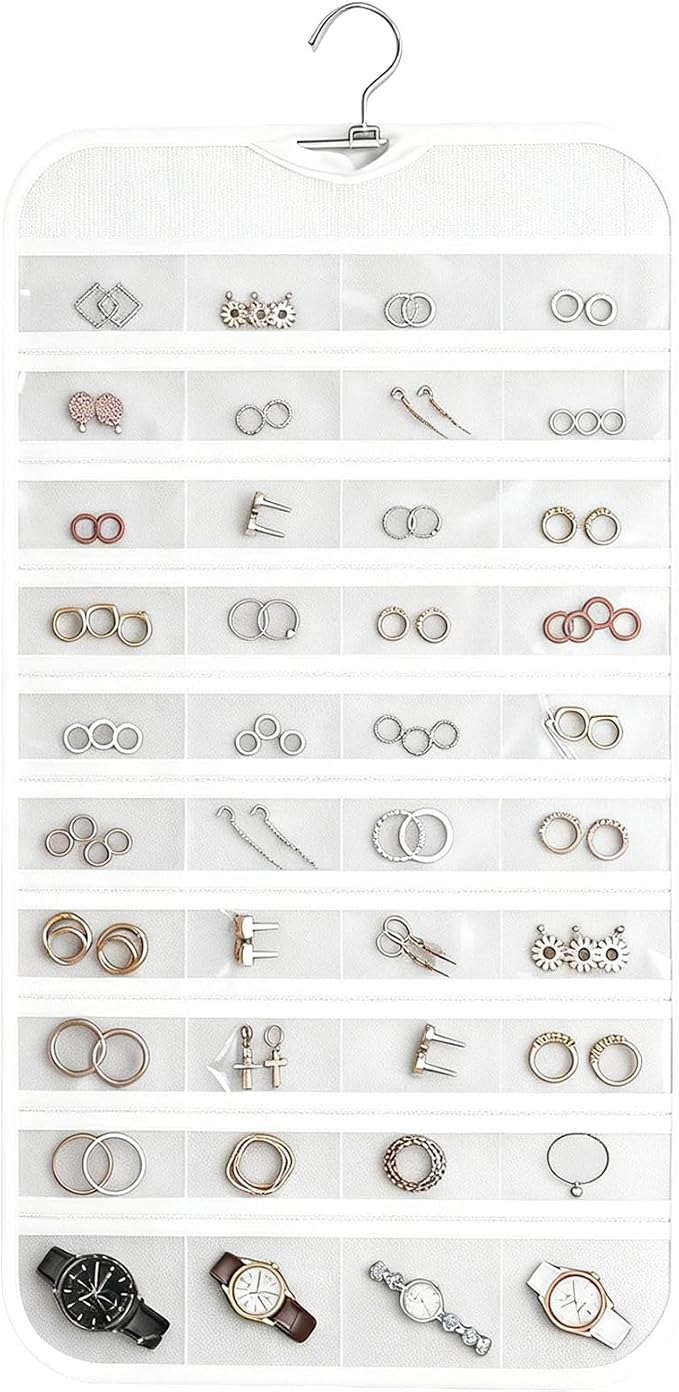 Hanging Jewelry Organizer, White, 80 Pocket | Double-Sided, For Earrings Necklace Bracelet, Clear PVC Window, For Closet, Door, Wall, Travel
