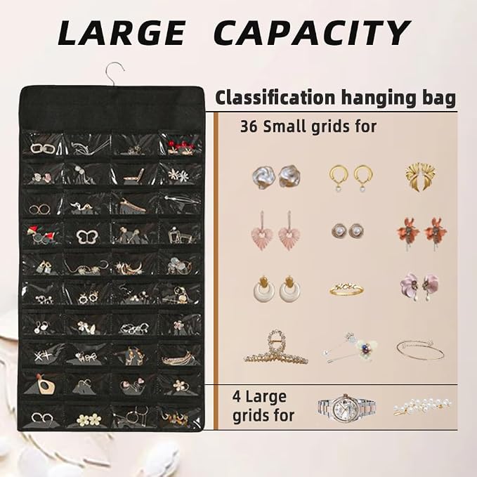 Hanging Jewelry Organizer Storage Earring Jewelry Storage Bag With 48 Pockets Necklace Bracelet Ring Glasses Accessory Display Rack (B80-Black)