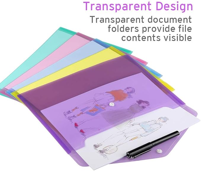 Sooez 12 Pack Folders Plastic Envelopes with Snap Closure, Clear Plastic File Folder for Document, Letter A4 Size Poly File Envelopes with Label Pocket for Home Work Office Organizer, 6 Colors