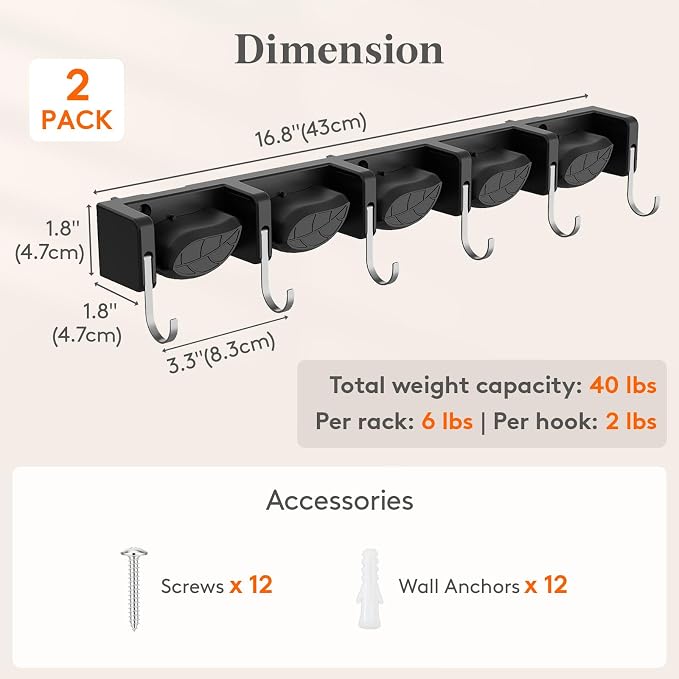 Lifewit Broom and Mop Holder Wall Mount, Non-Slip Cleaning Tool Hanger Organizer with 6 Hooks 5 Slots, Heavy Duty Hanging Broom Utility Rack for Kitchen, Garden, Garage, Laundry, 2 Pack, Black