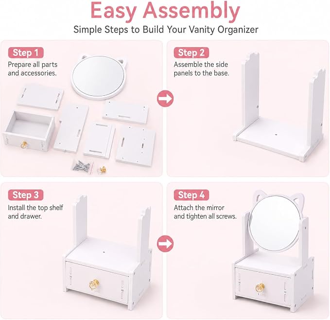 Desktop Makeup Mirror Organizer with Drawers, Compact Vanity Storage Box, Round Mirror, Cosmetic, Skincare and Jewelry