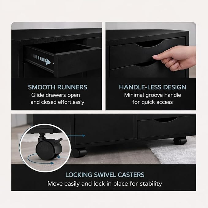 Naomi Home Wooden 5 Drawer Office File Cabinet with Shelves and Wheels, Mobile Storage Cabinet with Drawers for Home Office, Ideal for Under Desk or Printer Stand Use in Black