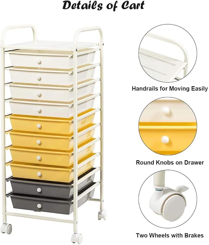 Happygrill 10-Drawer Storage Cart, Utility Cart with Removable Drawers & Metal Frame, Rolling Storage Cart with Lockable Wheels for Home, Office, Yellow