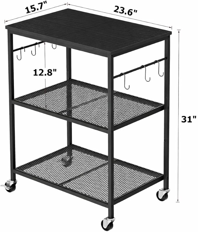 Homleke 3-Tier Rolling Kitchen Microwave Cart, Utility Cart | with Lockable Wheels Coffee Bar Table Station with 6 Hooks, Small Appliance Storage Shelf, Black