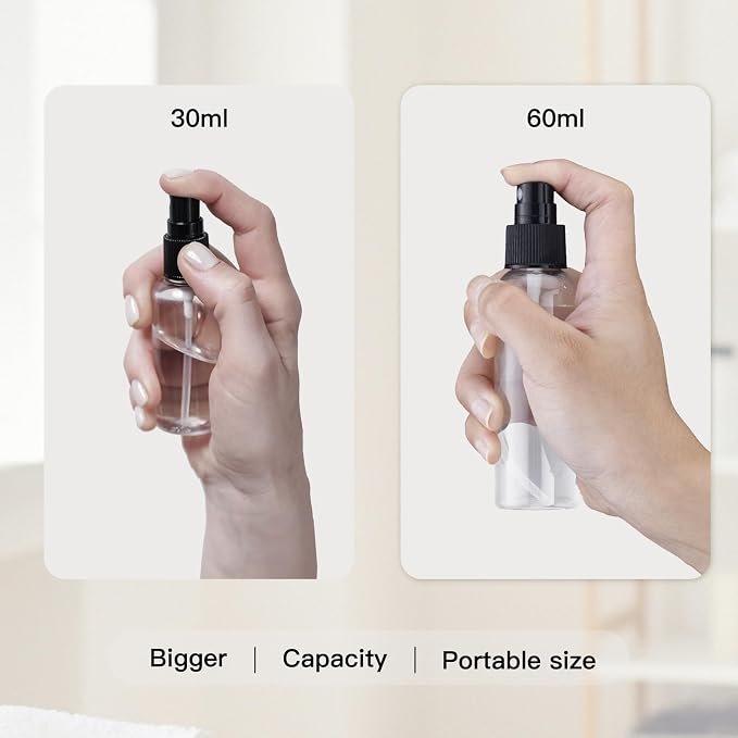 LISAPACK 2oz Small Spray Bottle (10 Pack) Plastic Mini Fine Mist Atomizer, Tiny Sprayer for Travel Perfume, Cologne, Alcohol (Clear, 60ml)